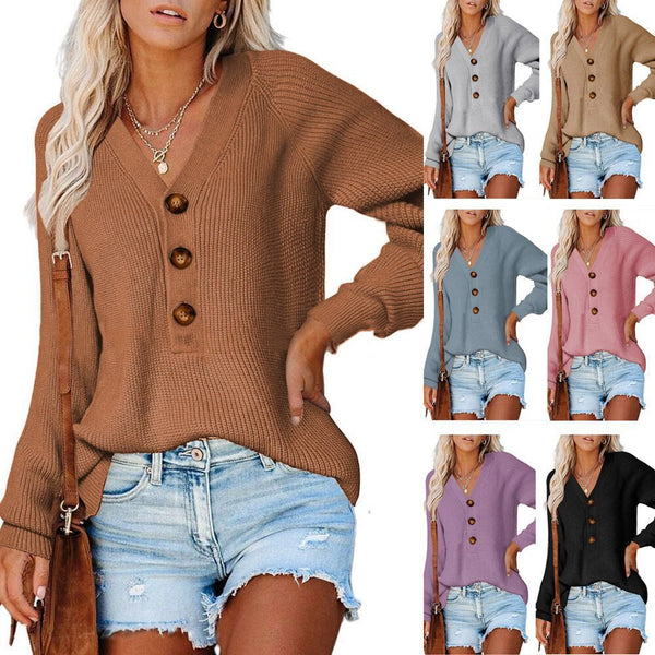 New Button New Knitted V-neck Sweater Women