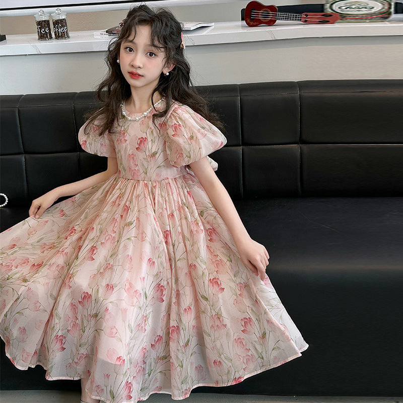 Princess Style Fashionable Children's Puff Sleeve Summer Skirt