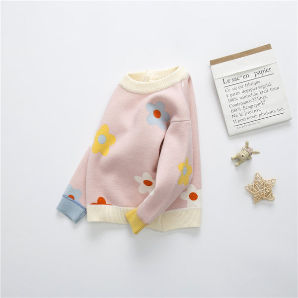 Autumn And Winter Children's Velvet Padded Sweater Girls' Baby Flower Thickened Pullover Knitting Bottoming Shirt