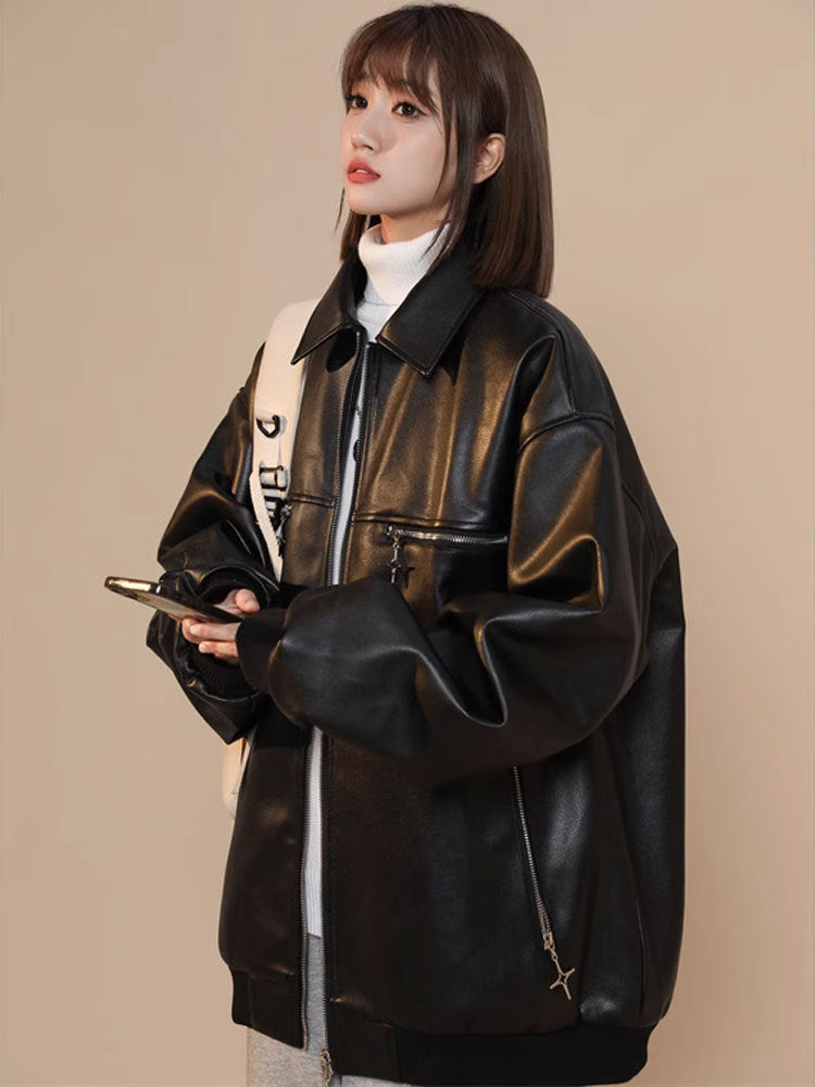 Turn-down Collar Coat Women's Leather Jacket