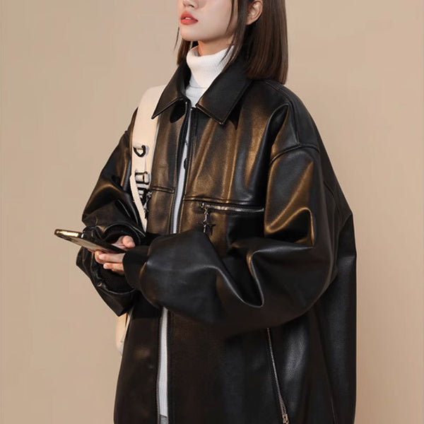 Turn-down Collar Coat Women's Leather Jacket