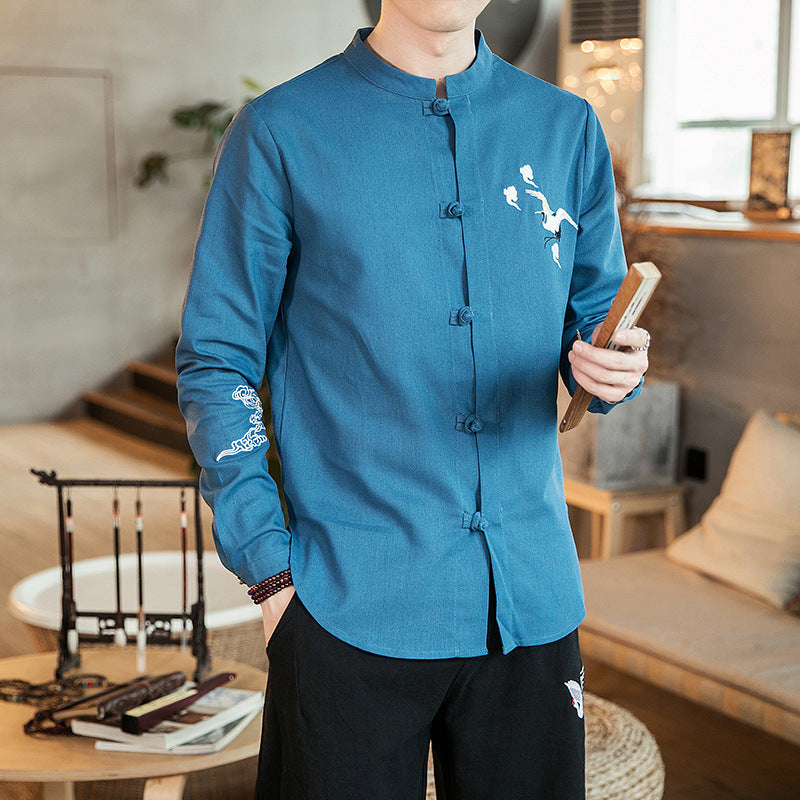 Crane Embroidery Men Cotton Linen Long Sleeve Blouse