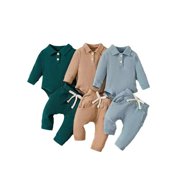 Baby Boy Cotton Hollow Striped Polo Shirt Trousers Suit