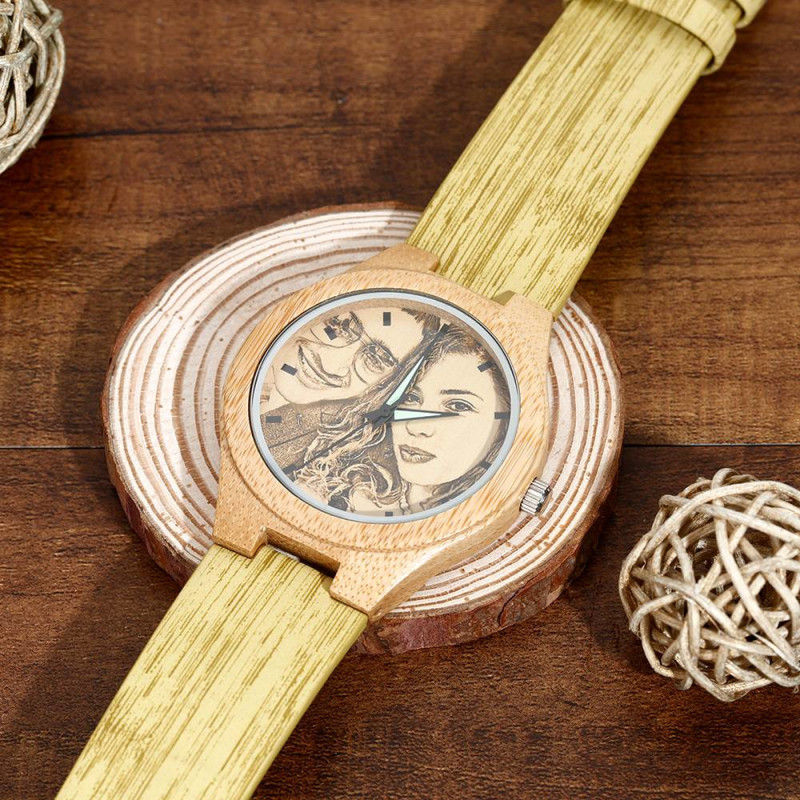 Women's  Bamboo Photo Engraved Watch Wooden Leather Strap 40mm