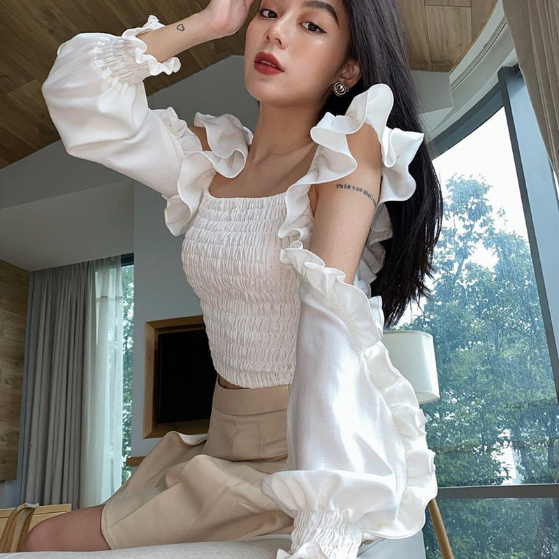 Women's Irregular Pleated Ruffled Long Sleeve Top