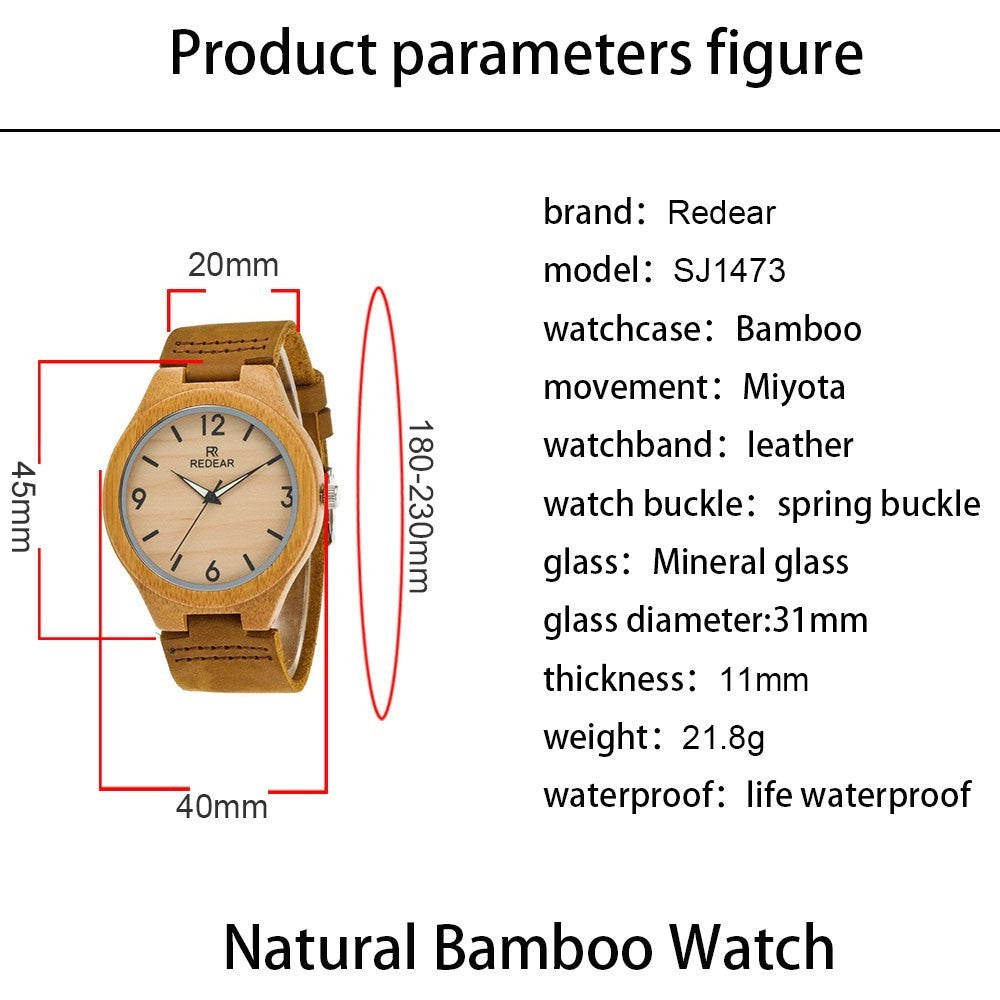 Women's  Bamboo Photo Engraved Watch Wooden Leather Strap 40mm