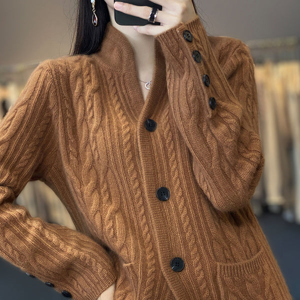 Pure Wool Cardigan Women's Stand Collar Outer Sweater Loose Knitted Coat