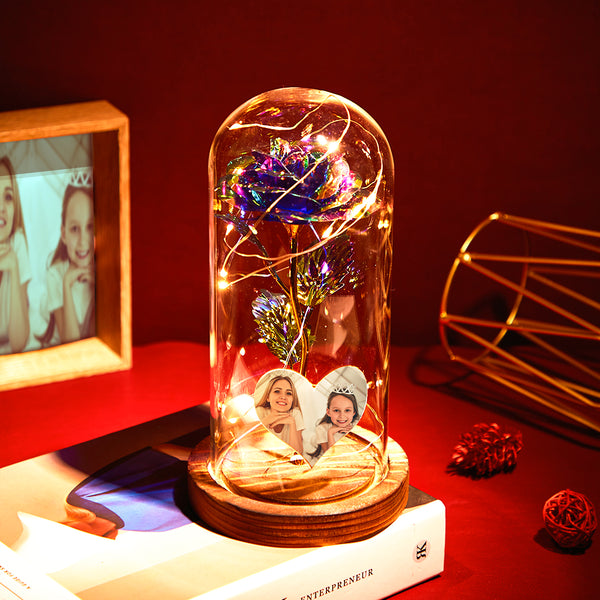 Custom Heart-Shaped Photo Colorful Simulation Eternal Rose Flower LED Night Light Forever Roses In Glass Dome