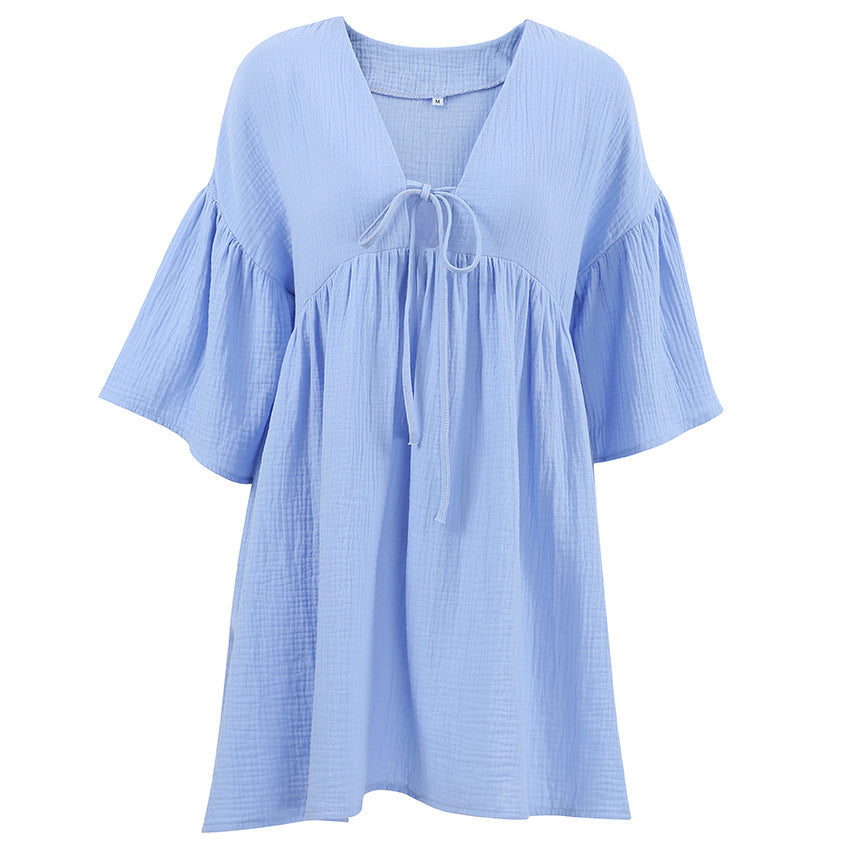 Women's Cotton And Linen European And American Deep V 34 Sleeve Nightdress