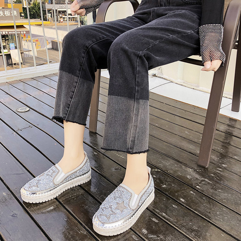 Lazy shoes thick bottom casual rhinestone fisherman shoes