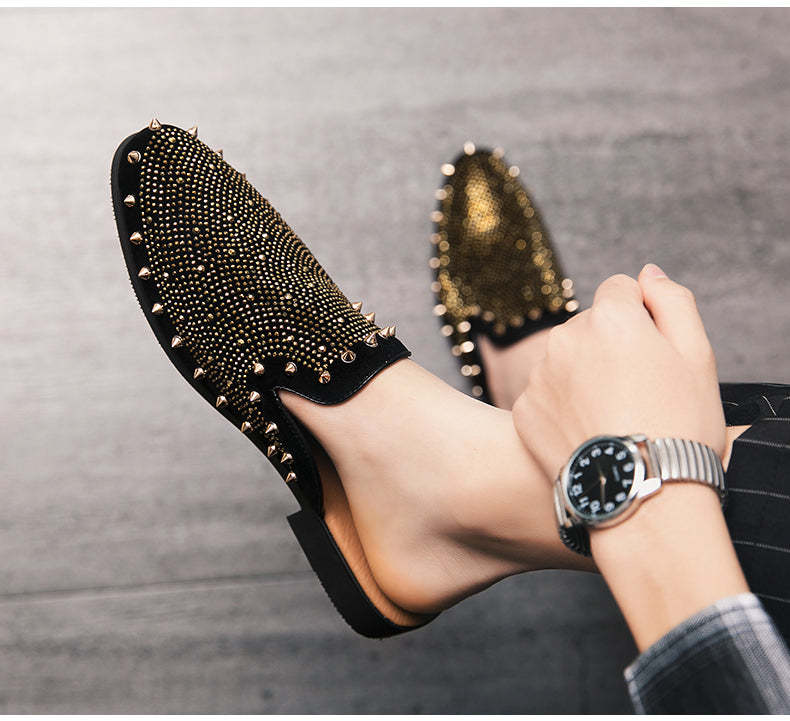 Men's Rhinestone Metal Half Drag Pointed-Toe Shoes