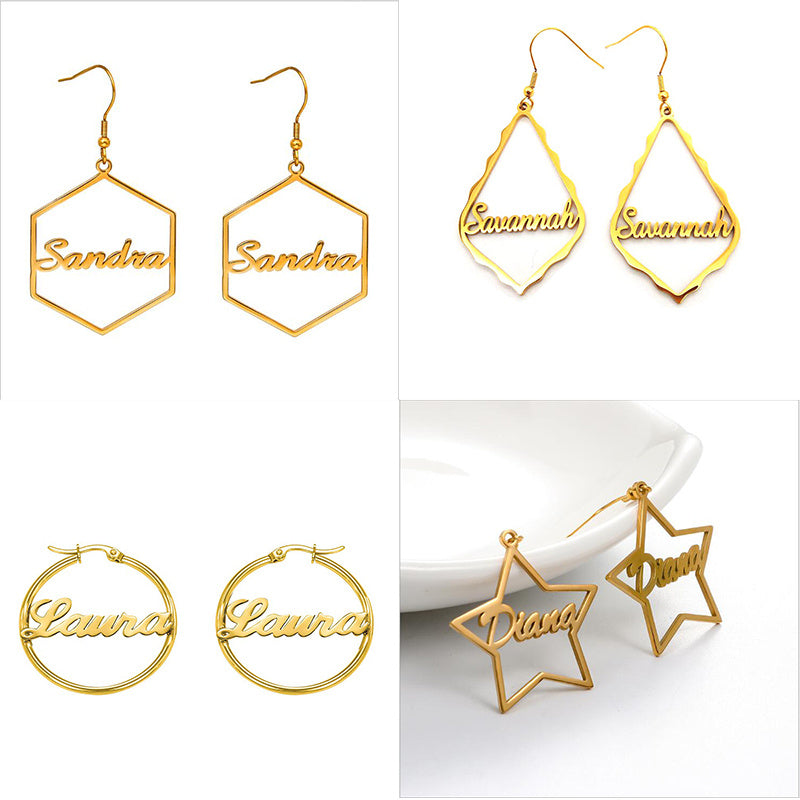 Custom Hoop Earrings Name Letter Stainless Steel Gold Color