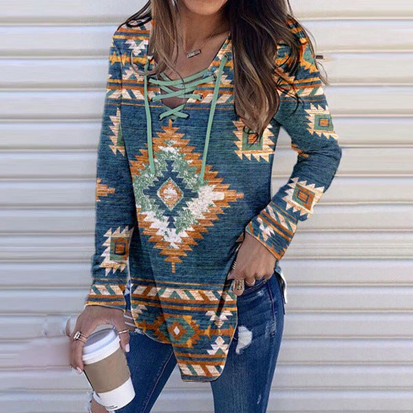 Fall V-neck Lace Ethnic Style Pullover Long Sleeve Women's Clothing