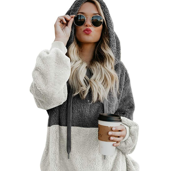 Women Casual Plush Hoodies Zipper Patchwork Hooded Drawstring Sweatshirt Autumn Winter Lady Hooded Warm Loose Tops