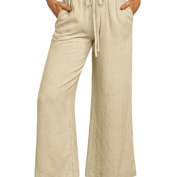 Elastic Waistband Lace-up Wide Leg Pants Solid Color Cropped Pants