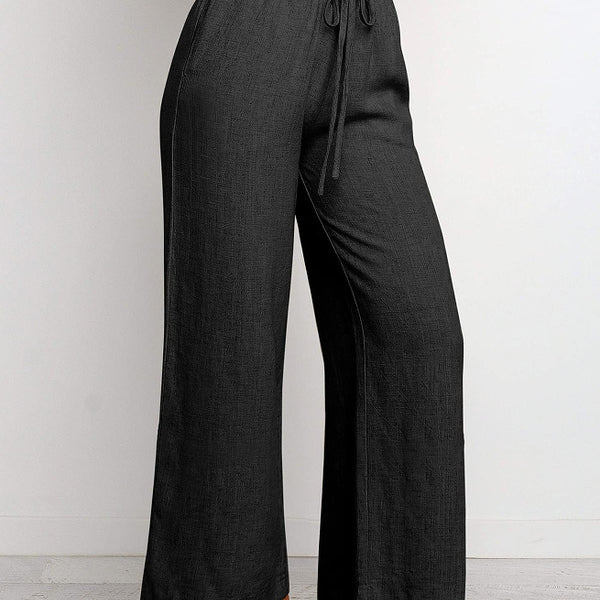 Elastic Waistband Lace-up Wide Leg Pants Solid Color Cropped Pants