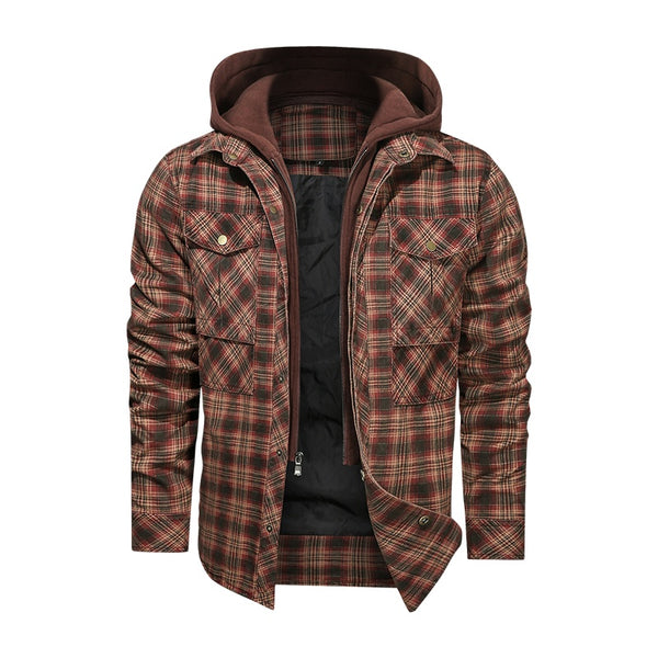 Men Long-sleeved Plaid Jacket Regular Fit Fleece Detachable Hoodies Jackets