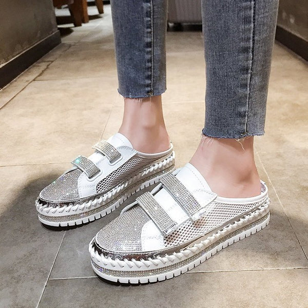 Women's Shoes Round Toe Rhinestone Hollow Sandals Student Casual Half Slippers