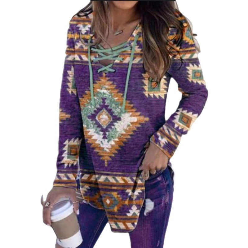 Fall V-neck Lace Ethnic Style Pullover Long Sleeve Women's Clothing