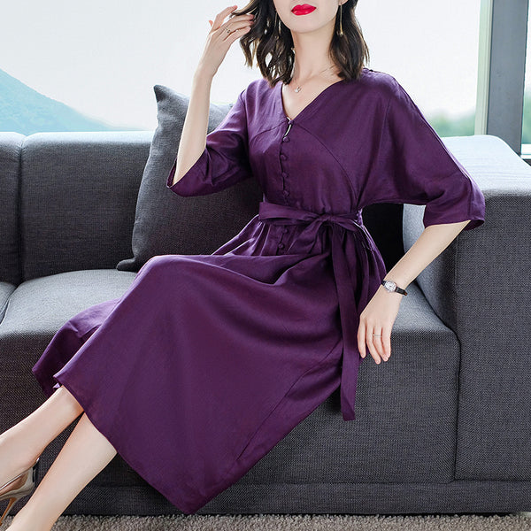 Summer Five-point Sleeve Cotton And Linen Dress