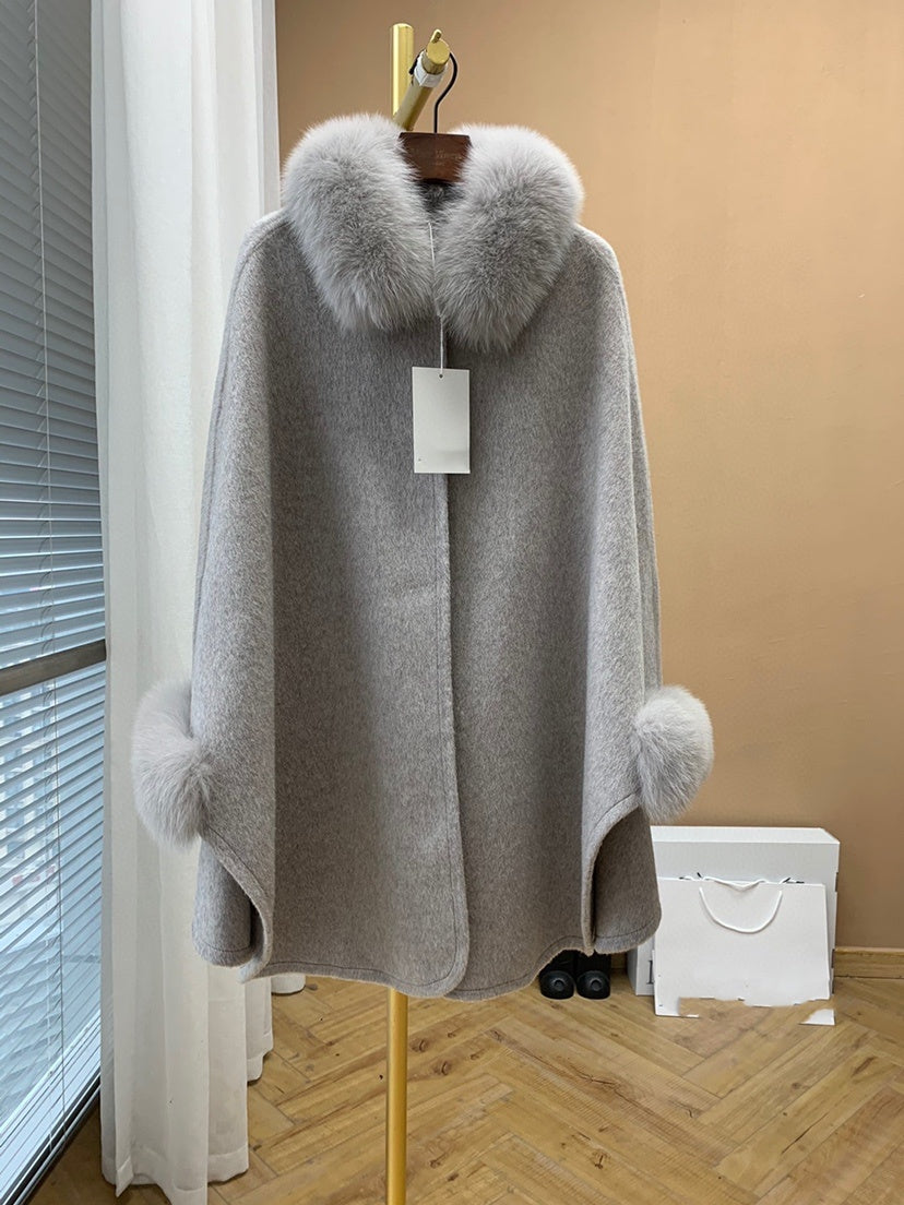 Cape Fox Fur Collar Cashmere Wavy Coat