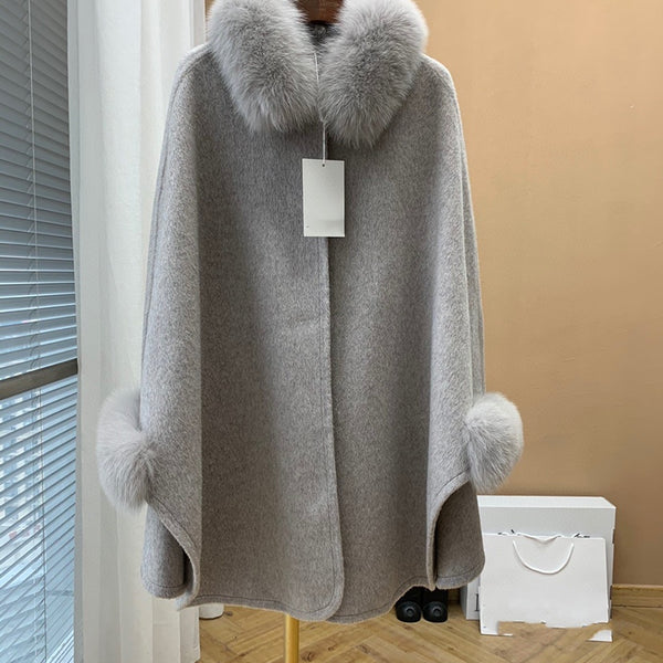 Cape Fox Fur Collar Cashmere Wavy Coat