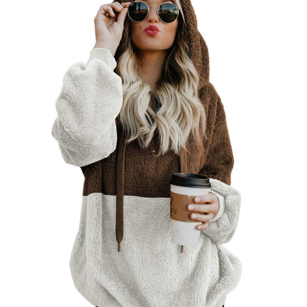 Women Casual Plush Hoodies Zipper Patchwork Hooded Drawstring Sweatshirt Autumn Winter Lady Hooded Warm Loose Tops