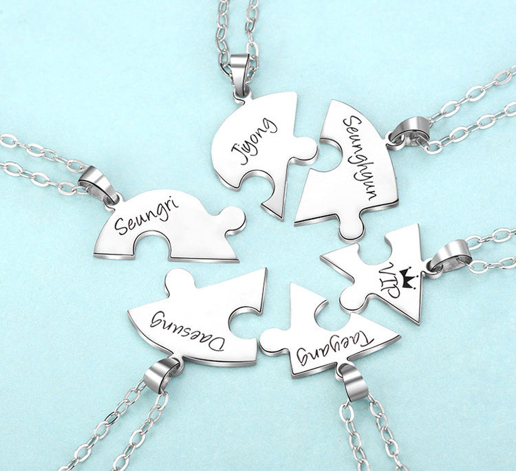 Engraved S925 Silver Jigsaw Puzzle Breakable Heart Pendant Necklaces for Couples, Friends & Family