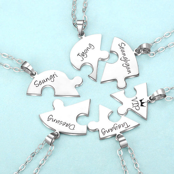 Engraved S925 Silver Jigsaw Puzzle Breakable Heart Pendant Necklaces for Couples, Friends & Family