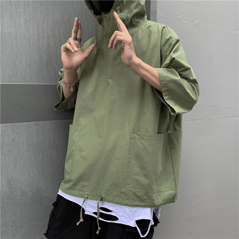 Men's Hong Kong Style Loose Hooded Half Sleeve T-shirt