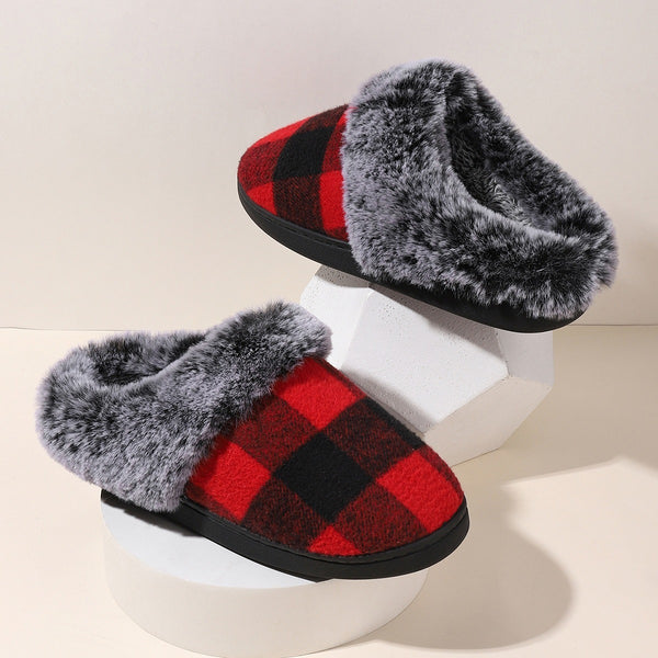 Plaid Fluffy Slippers Fashion Comfortable And Non-slip Cotton Slippers