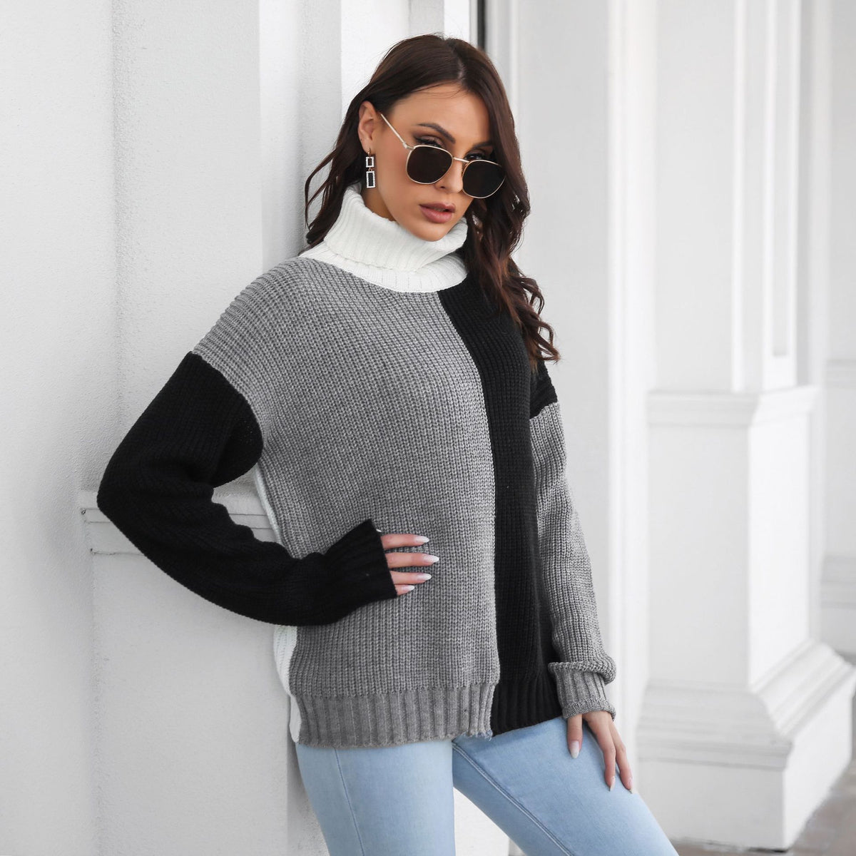 High Neck Drop Shoulder Long Sleeve Knitted Sweater For Women