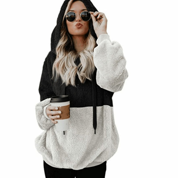 Women Casual Plush Hoodies Zipper Patchwork Hooded Drawstring Sweatshirt Autumn Winter Lady Hooded Warm Loose Tops