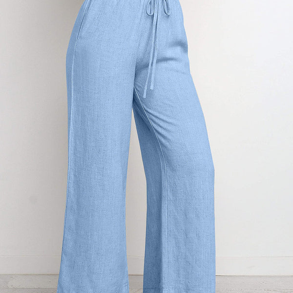 Elastic Waistband Lace-up Wide Leg Pants Solid Color Cropped Pants