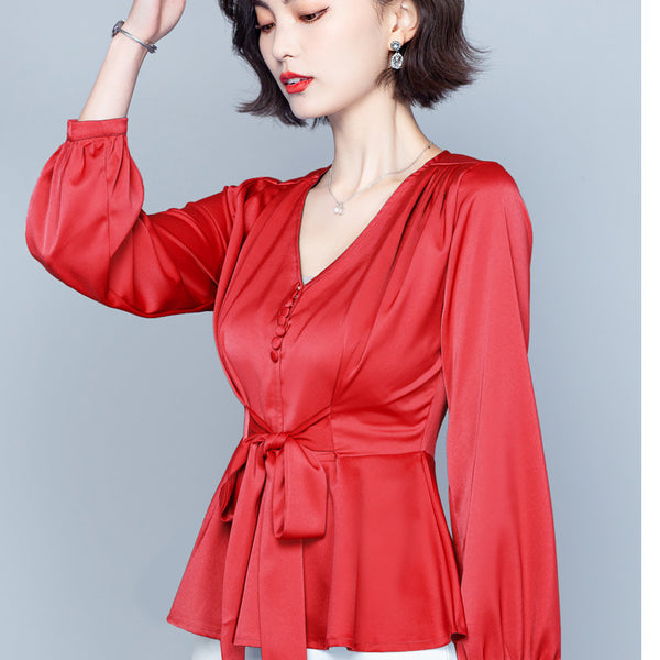 Fashion Women's Fall Plus Size Long Sleeve Tied Shirt Top