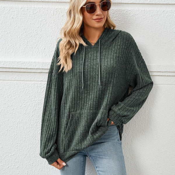 Knitted Sweater With Hooded Pit Stripe Kangaroo Pocket Sweater