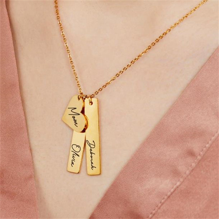 Laser Name Heart Rectangle Pendant Necklace