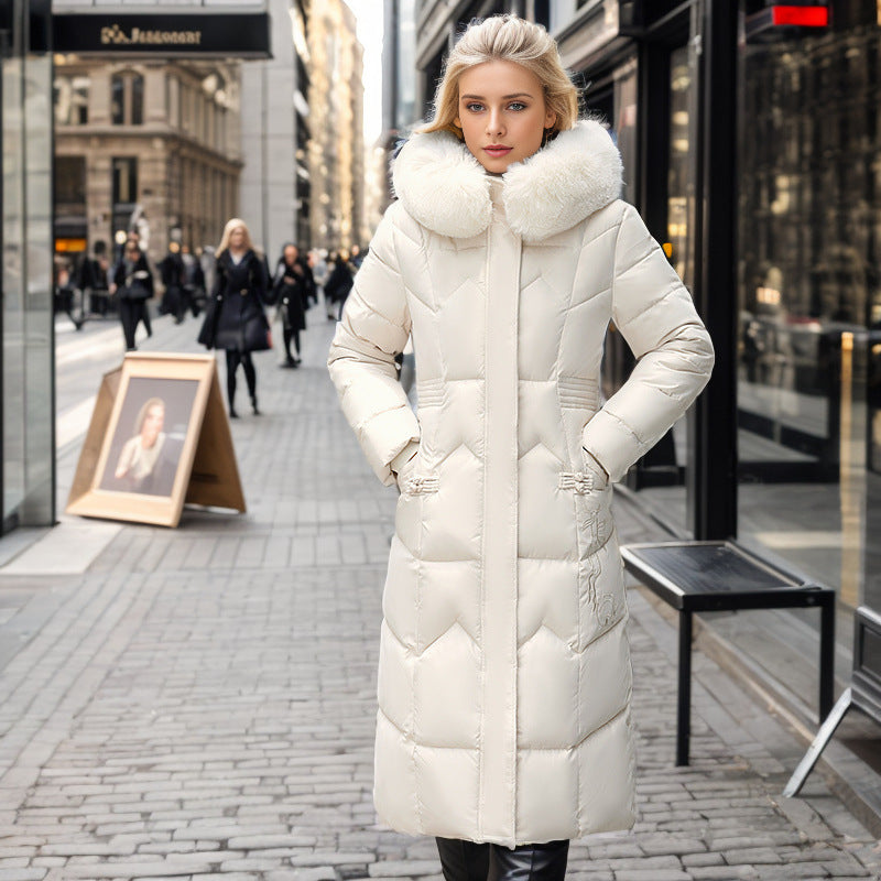 Winter Long Coat With Thickened Fur Collar Straight Slim Cotton-padded Jacket Women