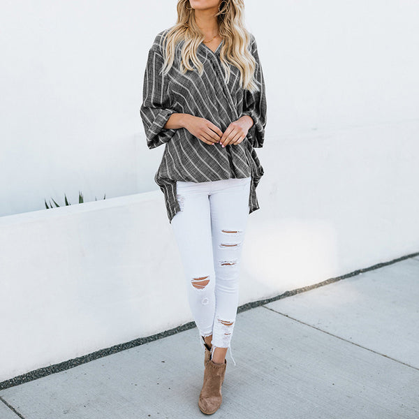 Striped Cotton And Linen Irregular Long Sleeve Plus Size Blouse