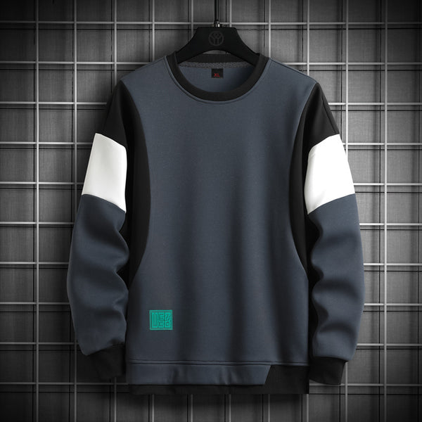 Autumn New Trendy Patchwork Long Sleeve Round Neck Men's Pullover Korean Style Teen T-shirt Sweater