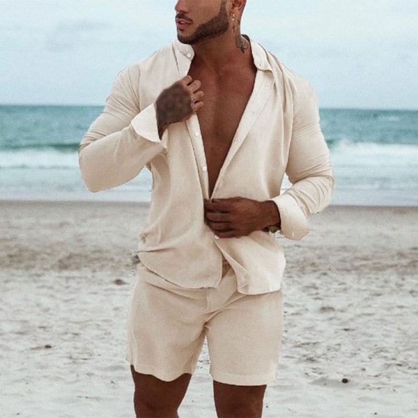 Men's Solid Color Long Sleeve Shirt Shorts Two Piece Set