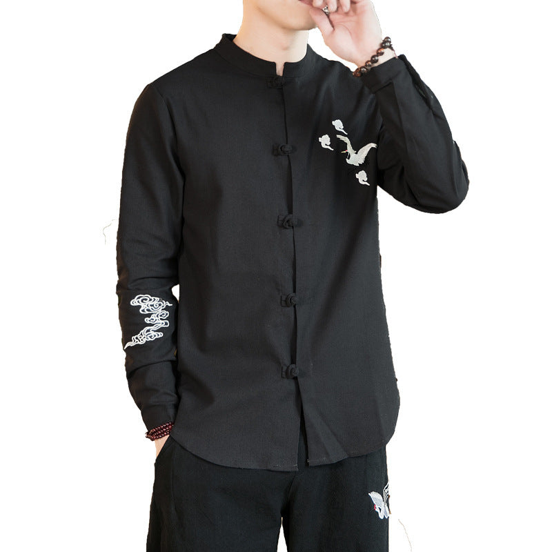 Crane Embroidery Men Cotton Linen Long Sleeve Blouse