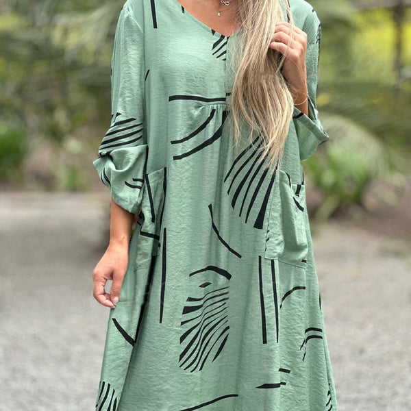 Fashion Printed V Neck Long Sleeve Dress Casual Loose Straight Dress Women's Clothing