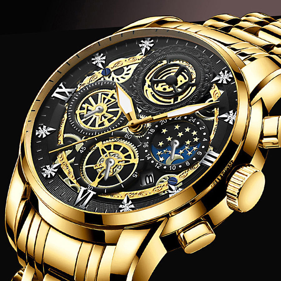 Men's Fashion Watch Hollow Flywheel Rhinestone Waterproof Sun Moon Stars