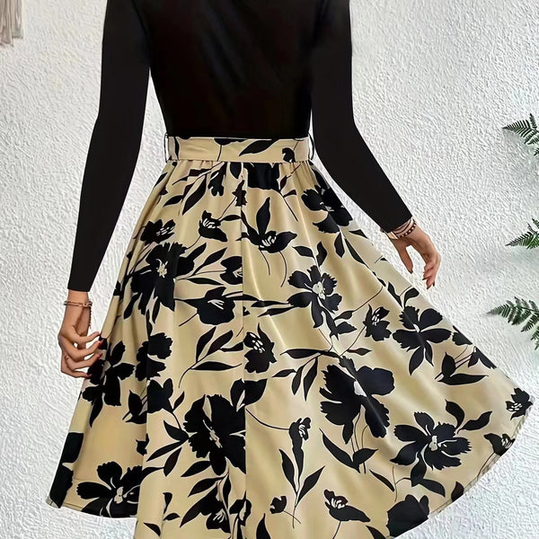 Floral Print Long Sleeve Dress Fashion Round Neck Tie Slim Dress Women's Clothing