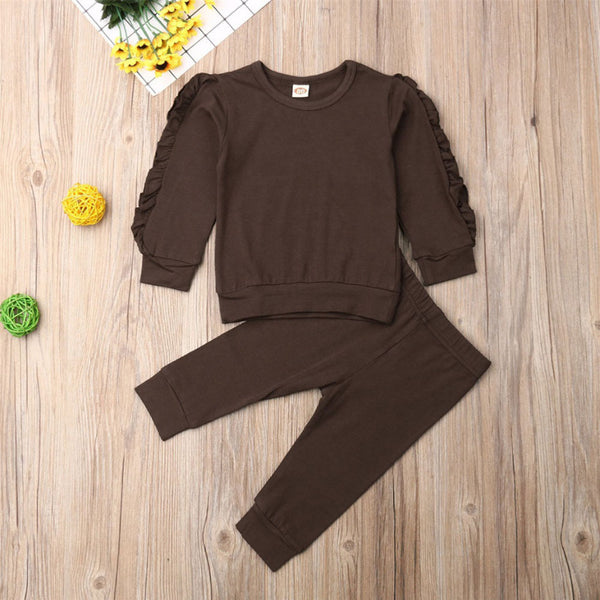 Newborn Baby Boys Girls Ruffles Jumper Solid Long Sleeve Sweatshirt Tops Pants Infant Kids 2Pcs Outfits Clothes Set Fall Clothes