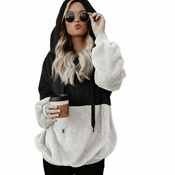 Women Casual Plush Hoodies Zipper Patchwork Hooded Drawstring Sweatshirt Autumn Winter Lady Hooded Warm Loose Tops