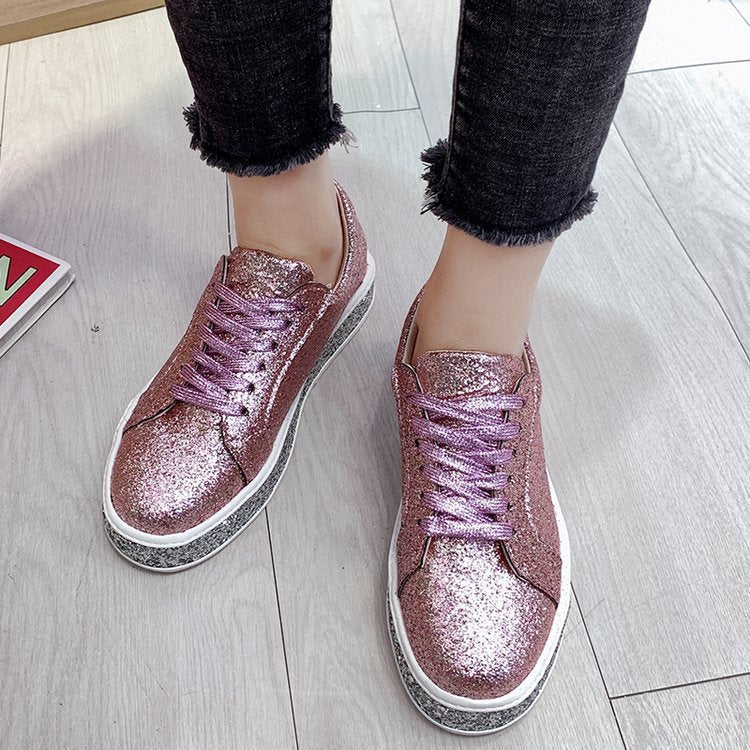 Rhinestone sequins large size flat lace-up women's shoes