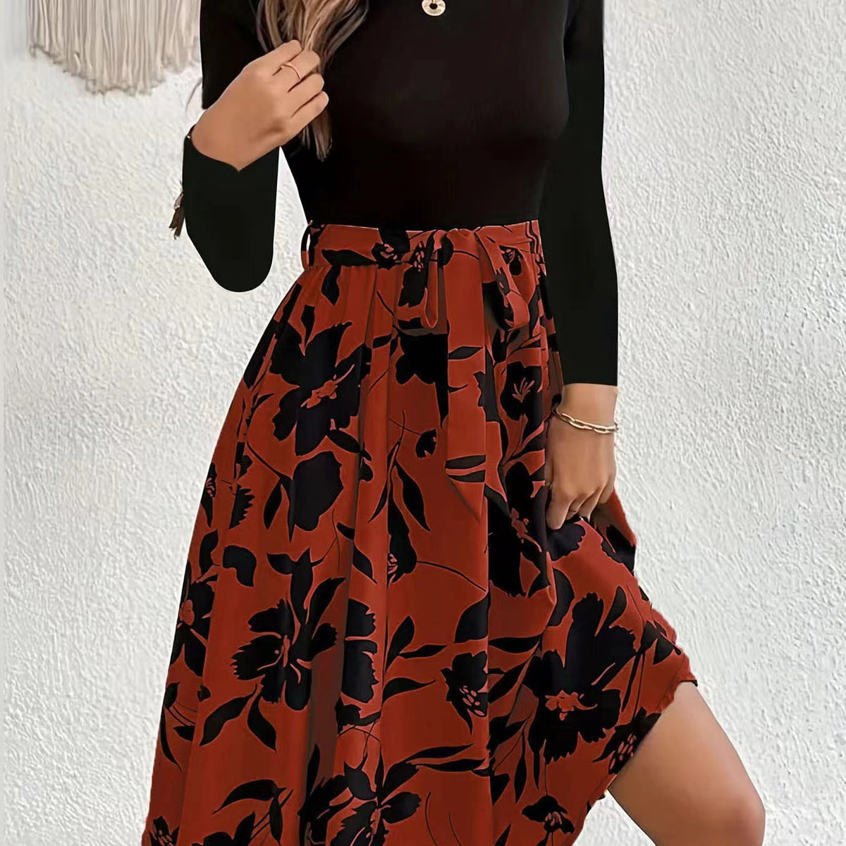 Floral Print Long Sleeve Dress Fashion Round Neck Tie Slim Dress Women's Clothing