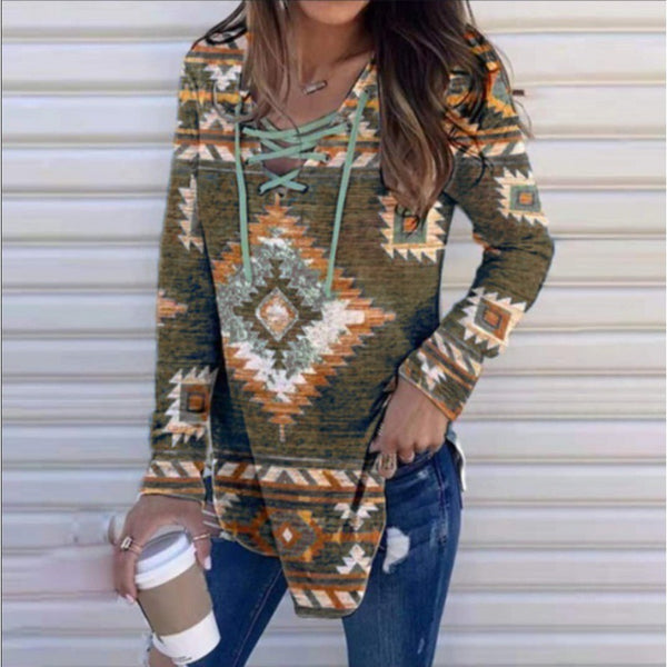 Fall V-neck Lace Ethnic Style Pullover Long Sleeve Women's Clothing